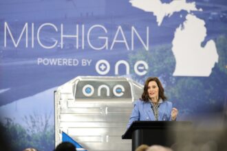 Michigan Gov. Gretchen Whitmer speaks at Our Next Energy's ribbon cutting ceremony in Novi, Michigan. Photo Courtesy of the Executive Office of the Governor of Michigan