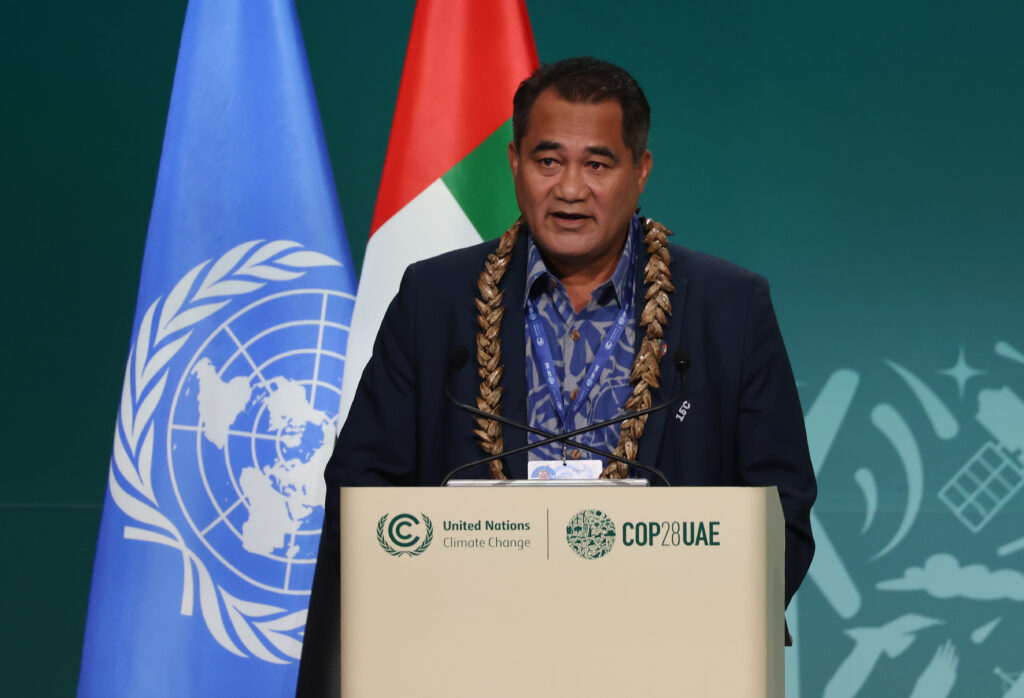 Toeolesulusulu Cedric Schuster, Minister for Natural Resources and Environment of Samoa, speaks on behalf of the Alliance of Small Island States on day nine of COP28. Credit: Sean Gallup/Getty Images