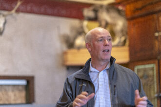 Montana Republican Congressman Greg Gianforte at a fundraiser at The Sport restaurant on Main Street in Livingston, Montana on April 23, 2018. Credit: William Campbell-Corbis via Getty Images