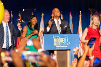 Maryland Democratic Governor-elect Wes Moore and Lieutenant Governor-elect Aruna Miller celebrate during an Election Night party for Maryland Democrats at The Baltimore Marriott Waterfront in Baltimore, Maryland on Nov. 8, 2022. Credit: Eric Lee for The Washington Post via Getty Images
