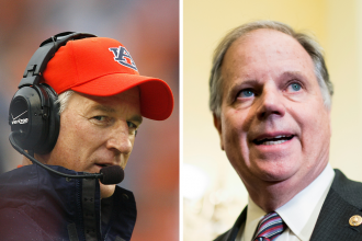 Former Auburn football head coach Tommy Tuberville (left) is running against Sen. Doug Jones (D-Ala.) to represent Alabama in the Senate. Credit: Kevin C. Cox/WireImage; Bill Clark/CQ-Roll Call, Inc via Getty Images
